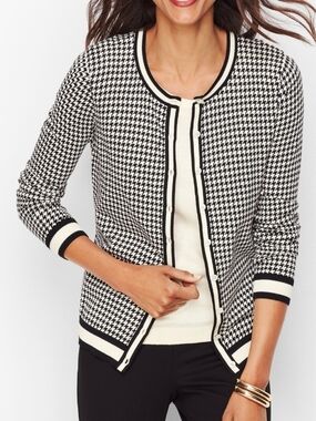 TALBOTS Women's Sz S Rayon Cardigan Sweater Long Sleeve Houndstooth Black White